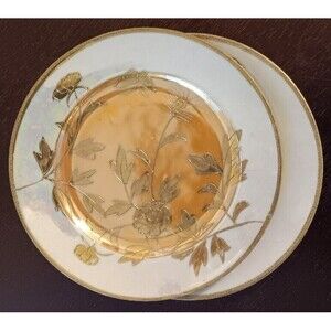 2 Antique Japanese Lusterware Plates, Peach & White w/ Heavy Gold, Floral, 6.5"
